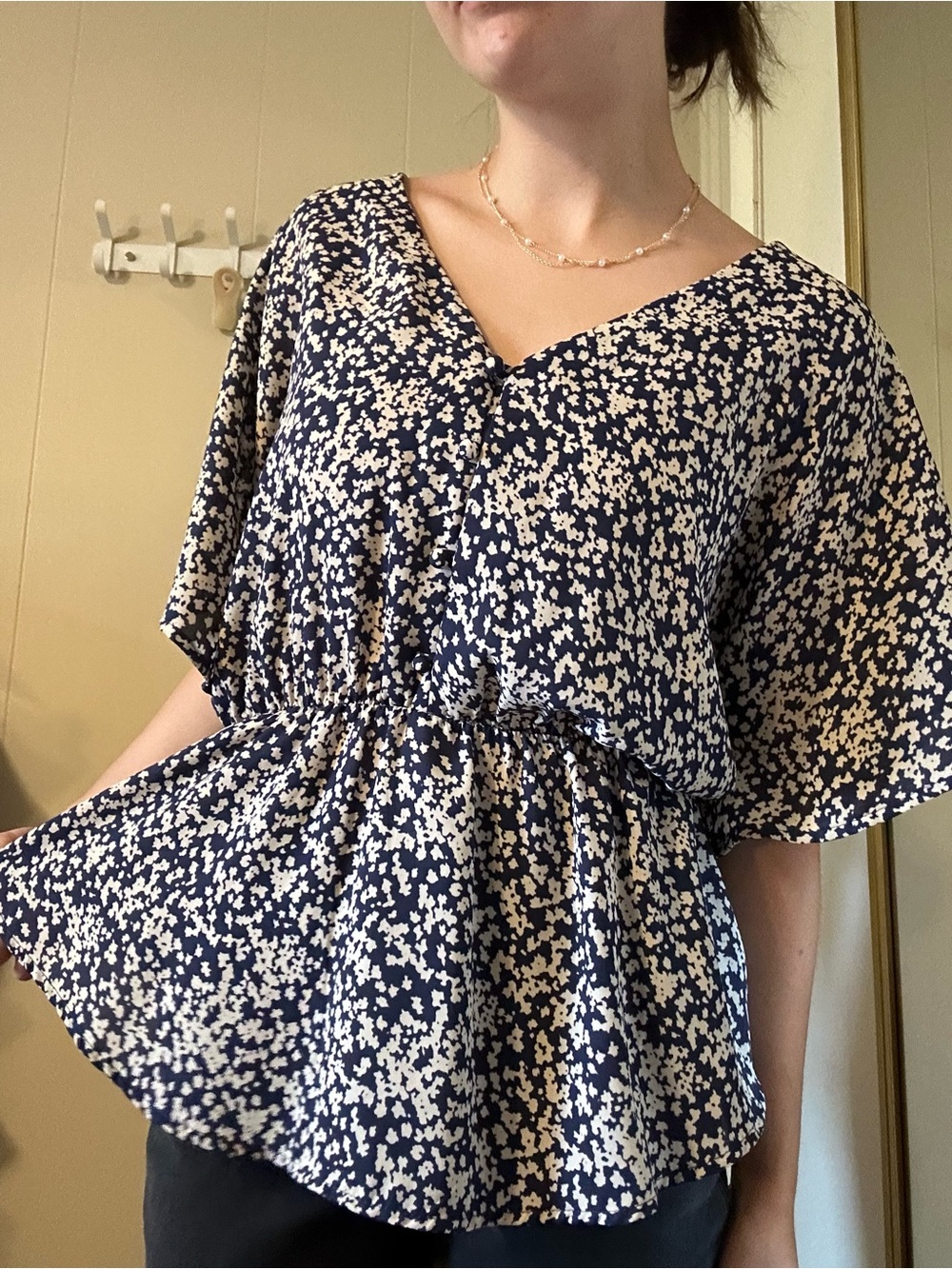 Sienna Sky Small Navy and White Floral V-Neck Peplum Top